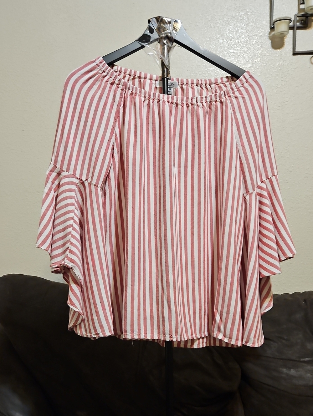 Fever Rose and White Striped Off-Shoulder Tunic